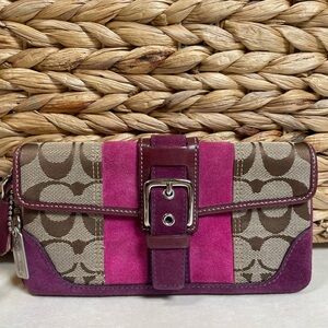 Coach Vintage Rare Signature Canvas & Pink Suede Wristlet with Buckle Closure